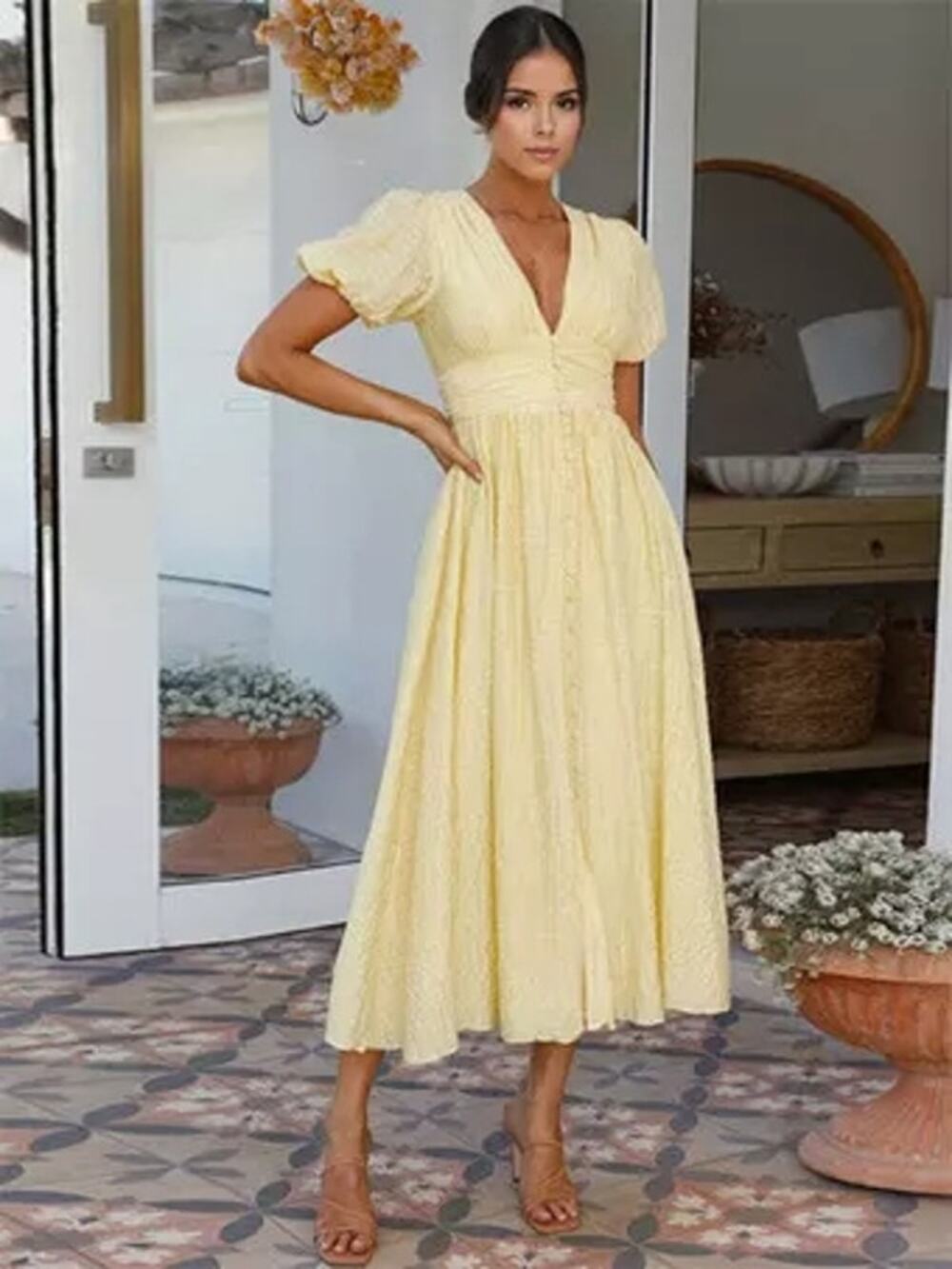 Commense Butter Yellow Plaid Picnic Whimsy Cottage Button Front Maxi Dress NWT M